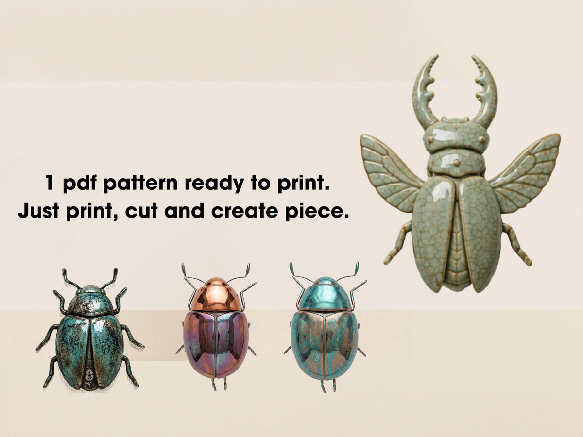 four different colored and patterned insects, including a large green beetle, arranged in a row.