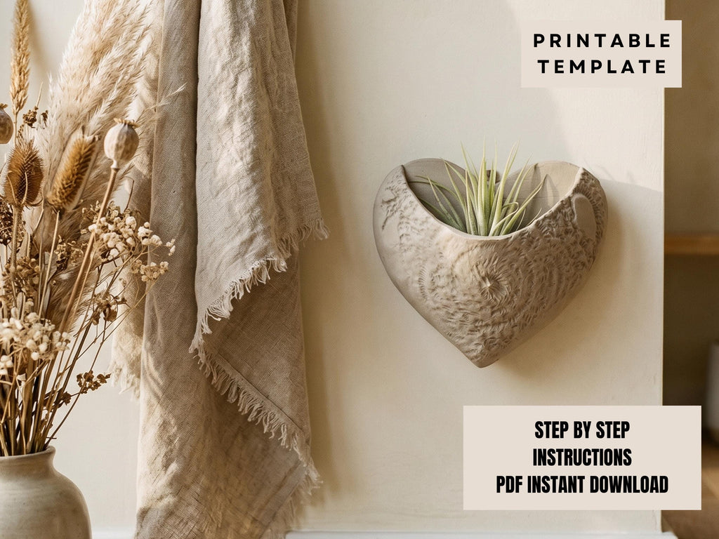 a heart-shaped planter with a plant growing in it, placed on a wall next to a beige shawl and a vase of dried flowers.