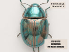 a detailed close-up of a metallic, iridescent-colored beetle with a textured, metallic appearance.
