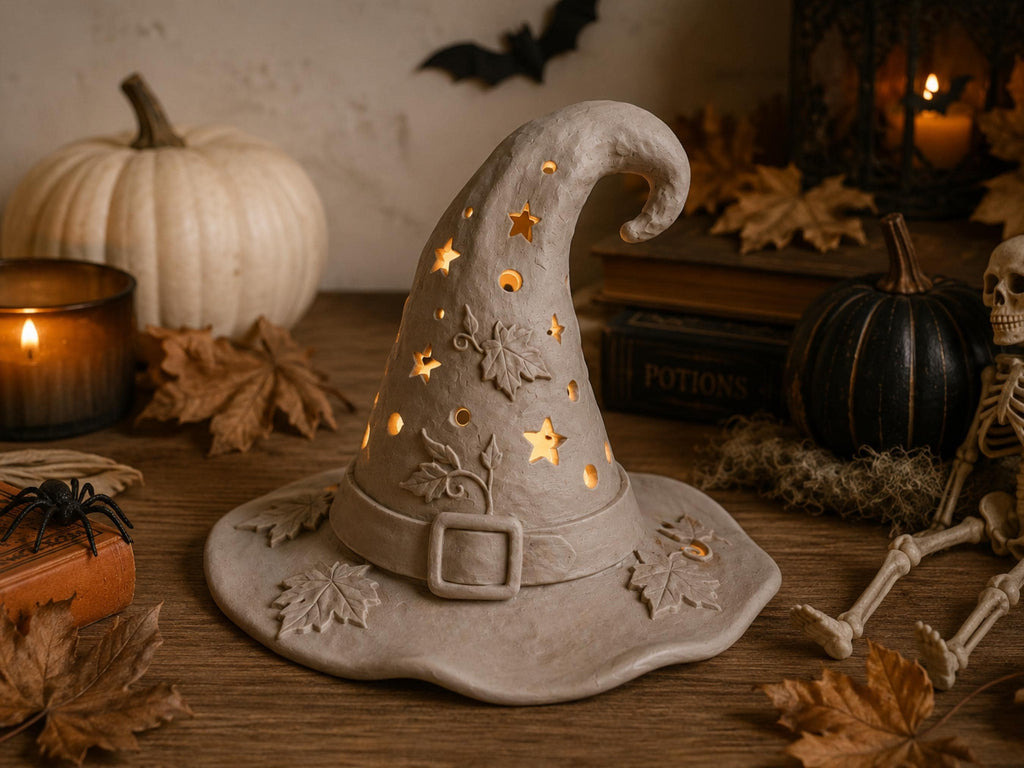 A white witch's hat with carved leaves and stars sits on a wooden surface, surrounded by Halloween decorations such as a skeleton, pumpkins, and candles.