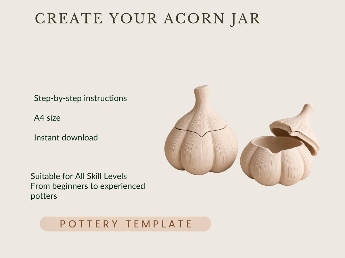 a step-by-step instructions for creating a wooden acorn jar, along with a pottery template.
