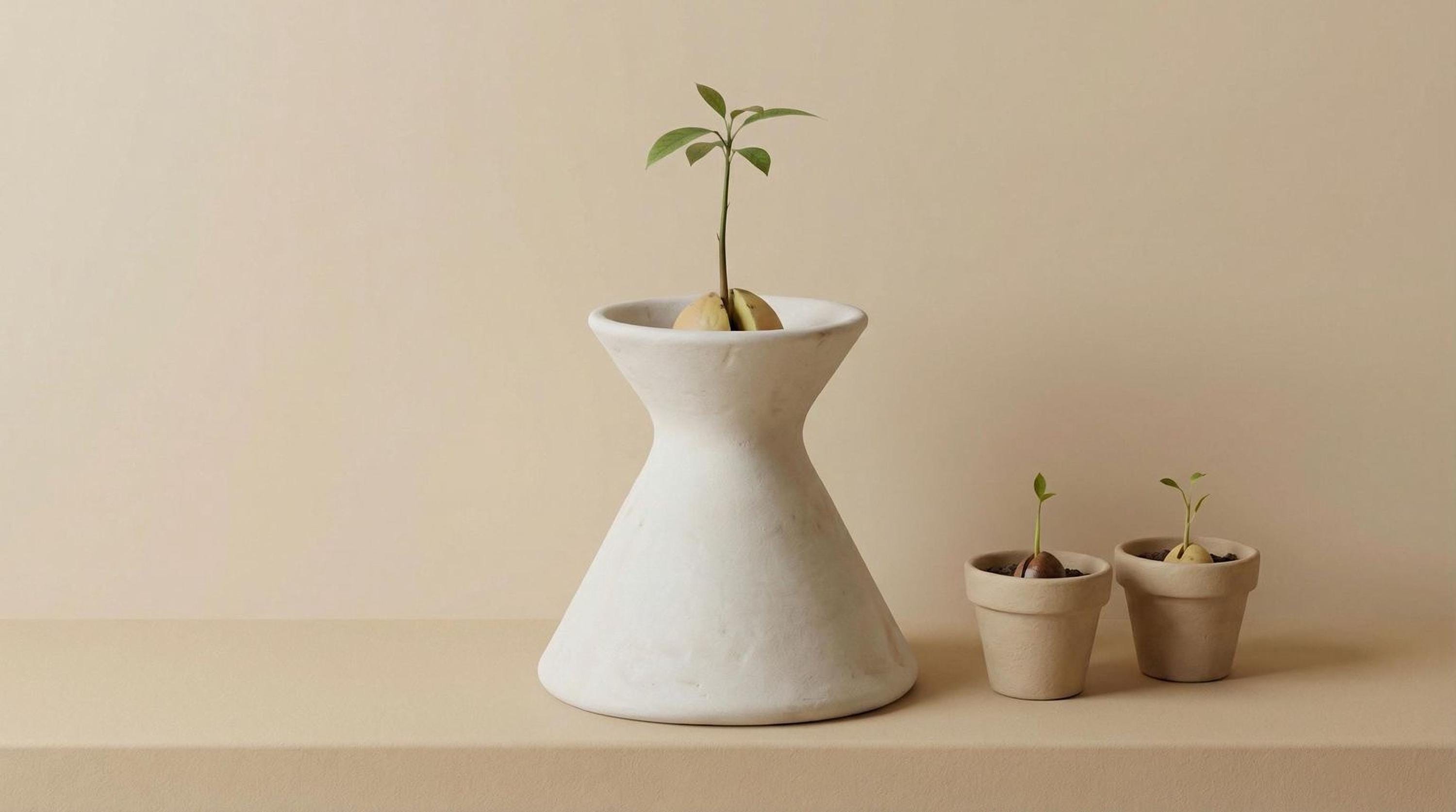 A white ceramic vase with a small plant growing in it, placed on a light-colored surface. There are two smaller plants in terracotta pots next to the larger vase.