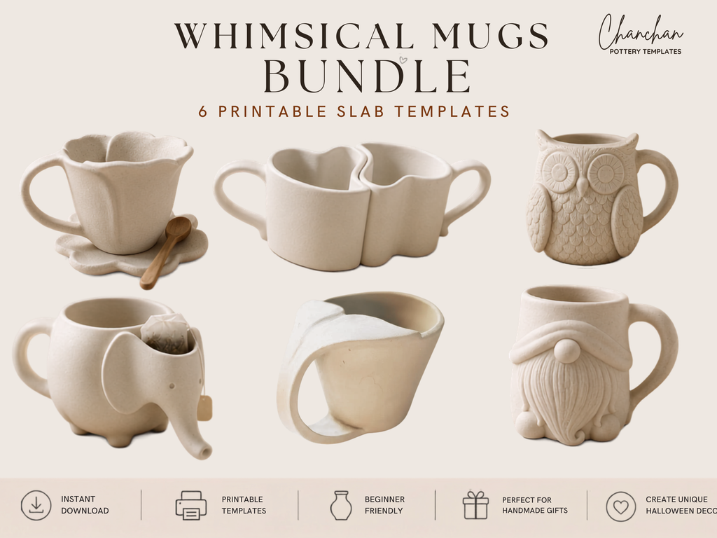 The image is a collage of six different ceramic mugs, each with unique designs and shapes, showcasing a variety of styles and patterns.