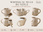 The image is a collage of six different ceramic mugs, each with unique designs and shapes, showcasing a variety of styles and patterns.