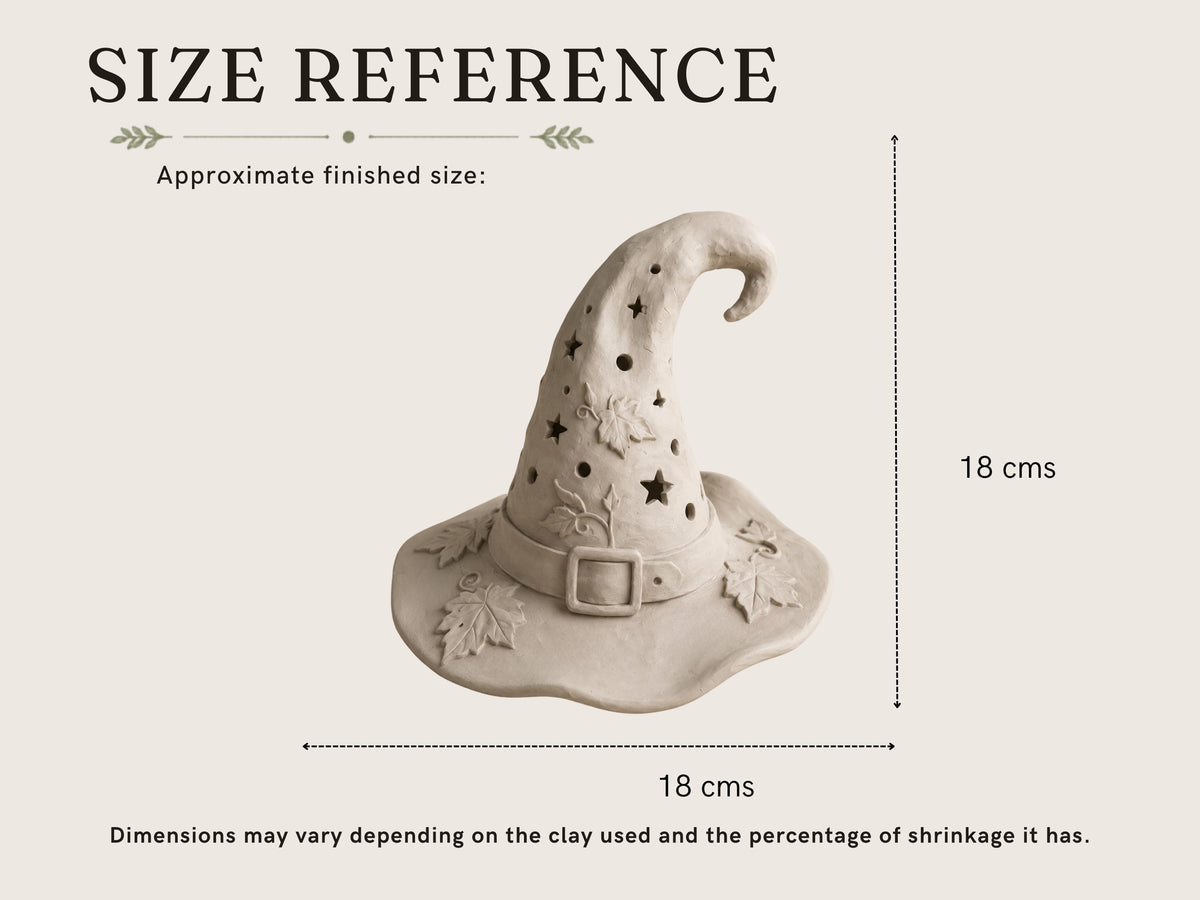 a detailed illustration of a witch's hat, with measurements and text providing information about the hat's size.