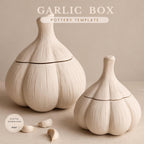 two white ceramic garlic bulbs with a pottery template displayed on a light-colored background.
