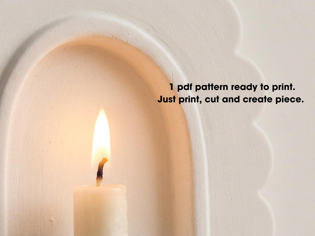 A lit candle in a white archway, with text overlaid that reads "1 PDF pattern ready to print. Just print, cut and create piece."