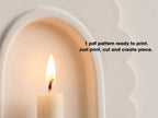 A lit candle in a white archway, with text overlaid that reads "1 PDF pattern ready to print. Just print, cut and create piece."