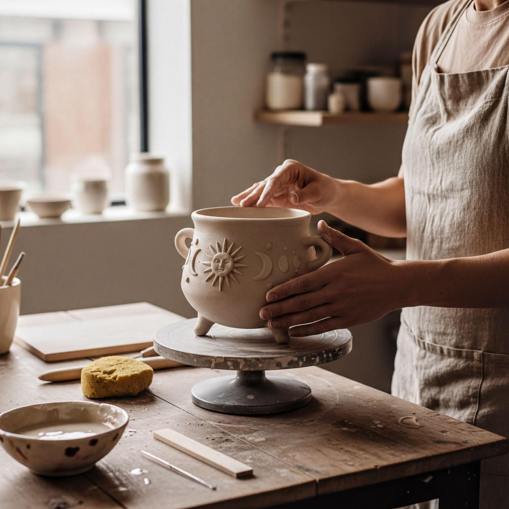 A person is carefully crafting a ceramic pot on a pottery wheel in a pottery studio.