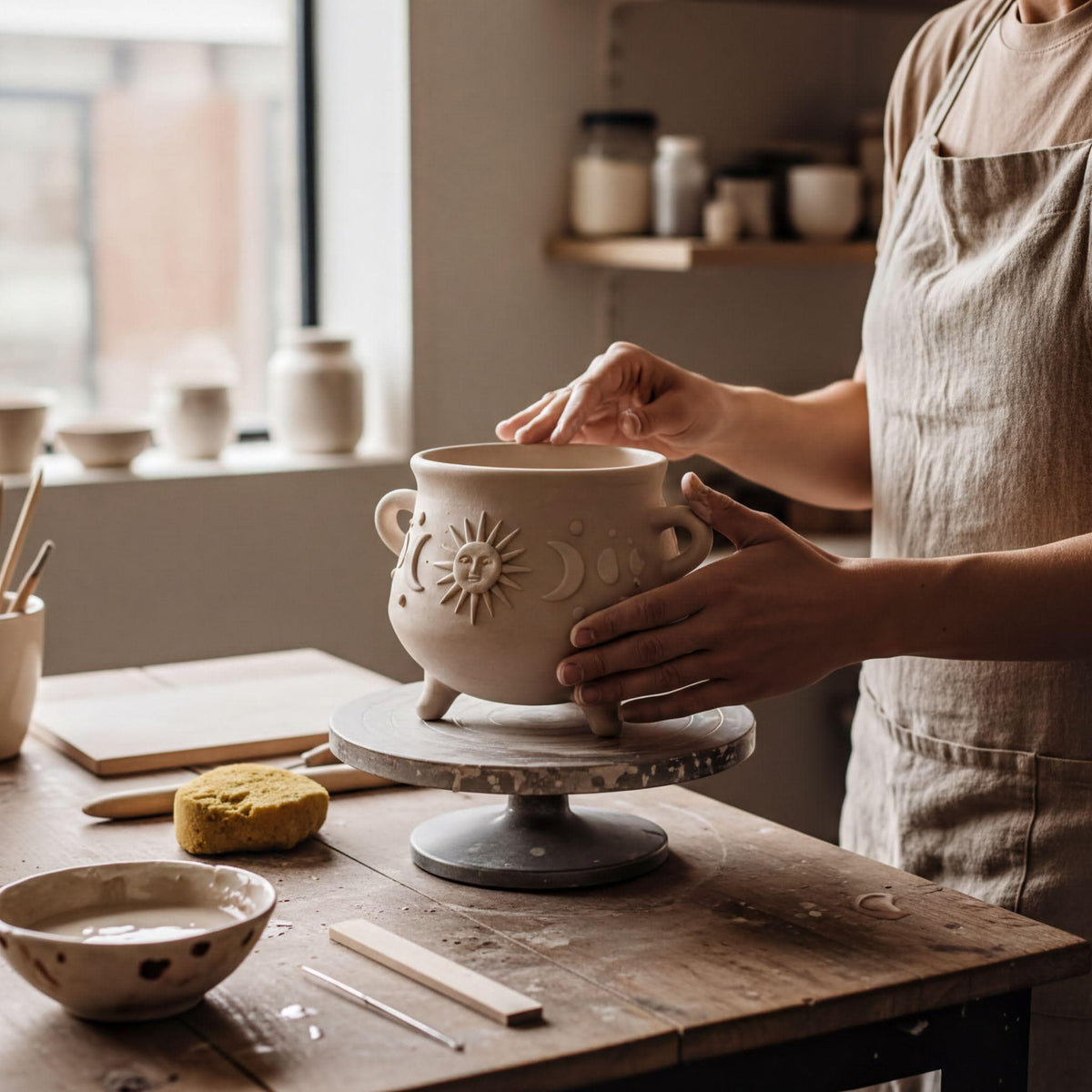 A person is carefully crafting a ceramic pot on a pottery wheel in a pottery studio.