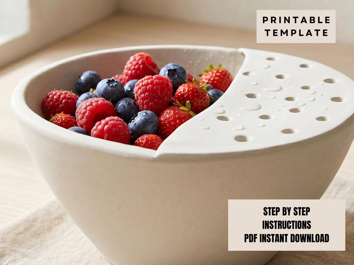 A white bowl filled with fresh raspberries and blueberries sits on a wooden surface, with a printed template for a printable design on the side.