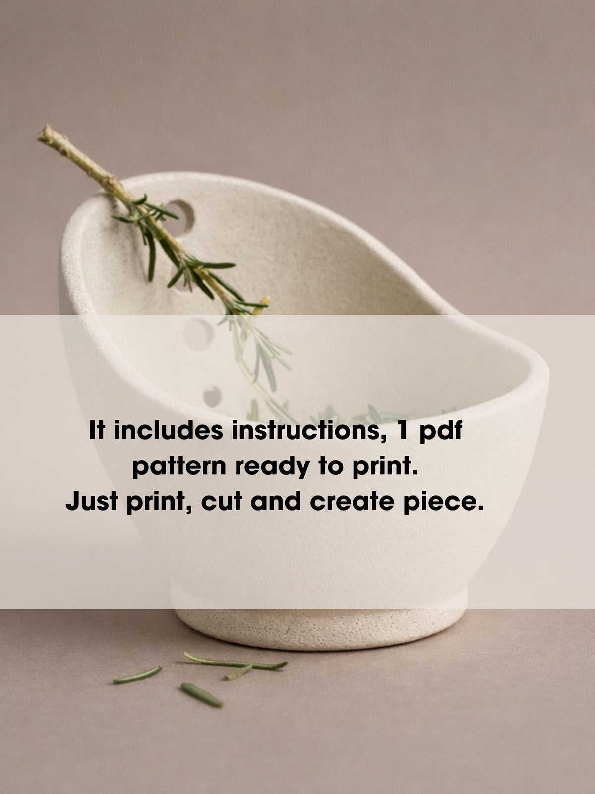 a white ceramic bowl with a sprig of greenery inside, accompanied by text that provides instructions for creating a piece of art using the provided pattern.