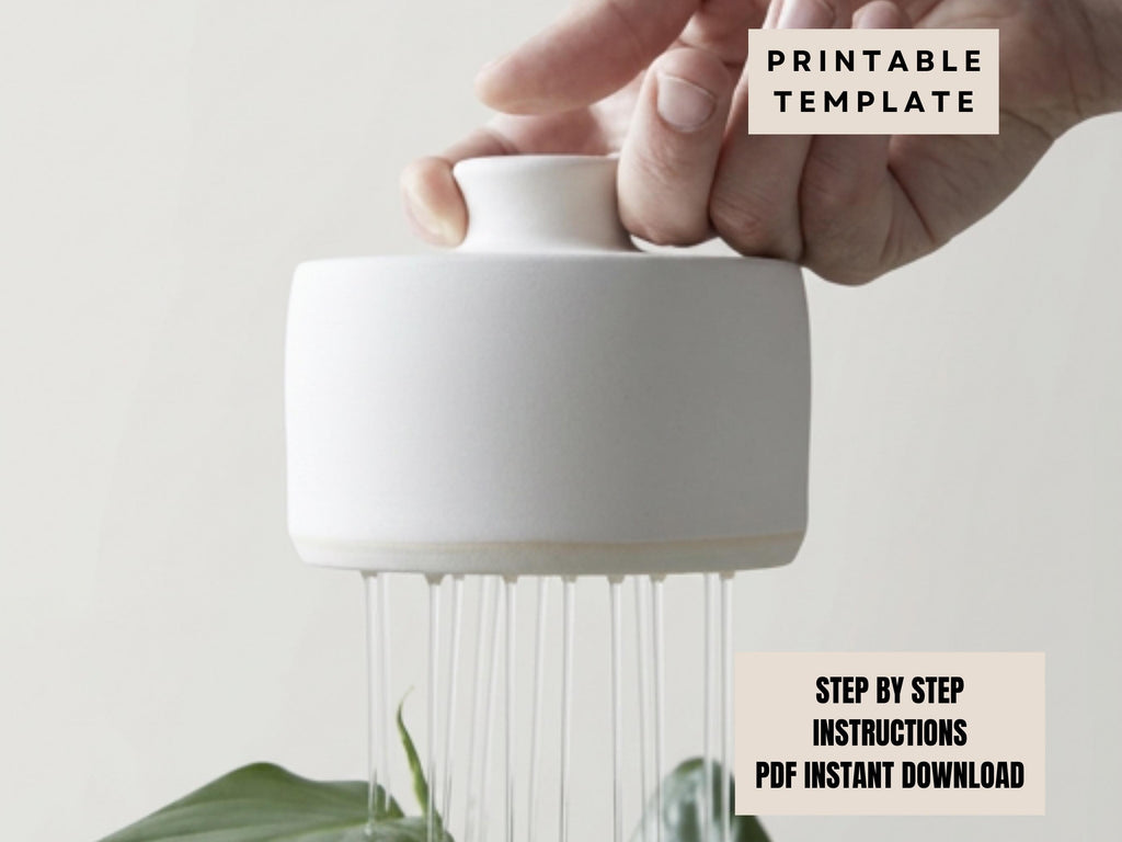 A hand is holding a white ceramic object with water dripping from it, and there is a "PRINTABLE TEMPLATE" sign above it.