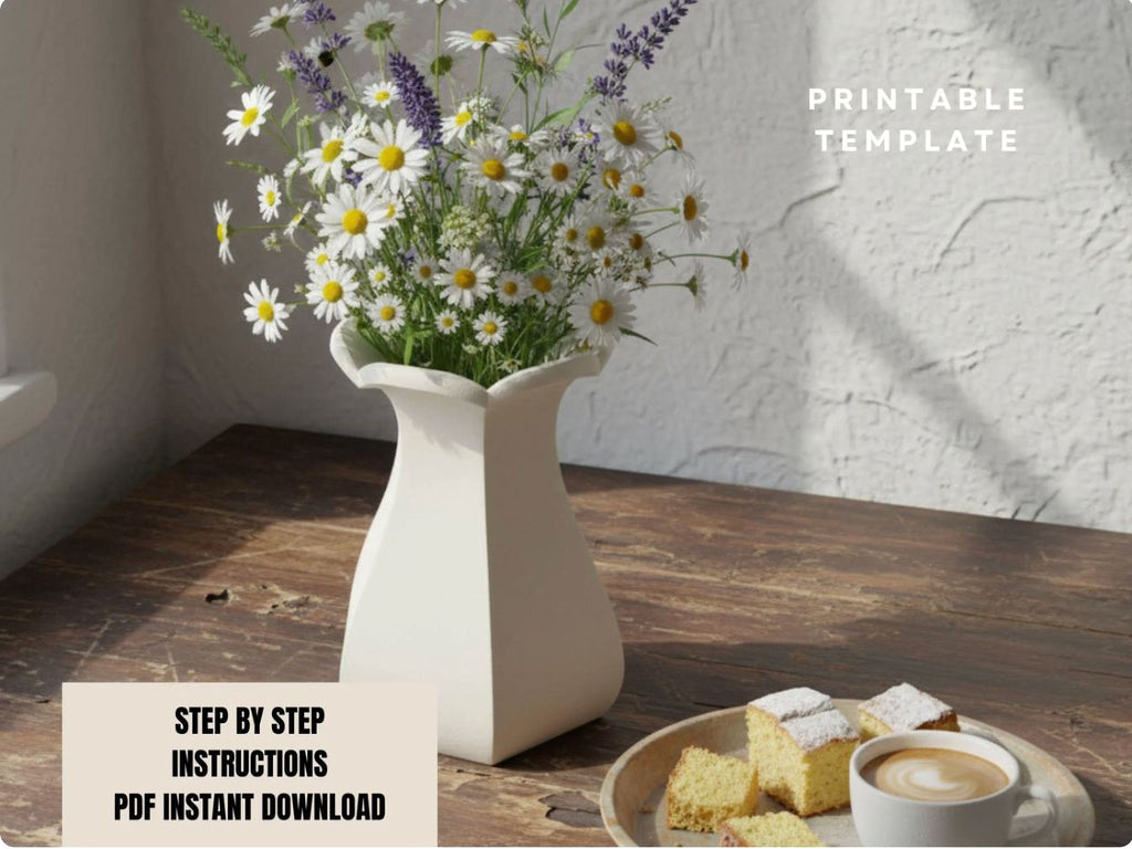 a white vase filled with a bouquet of white and purple flowers, placed on a wooden table. Next to the vase is a plate of pastries, and there is a cup of coffee. The image also includes a "PRINTABLE TEMPLATE" text, suggesting that the image is a template for creating a similar arrangement.