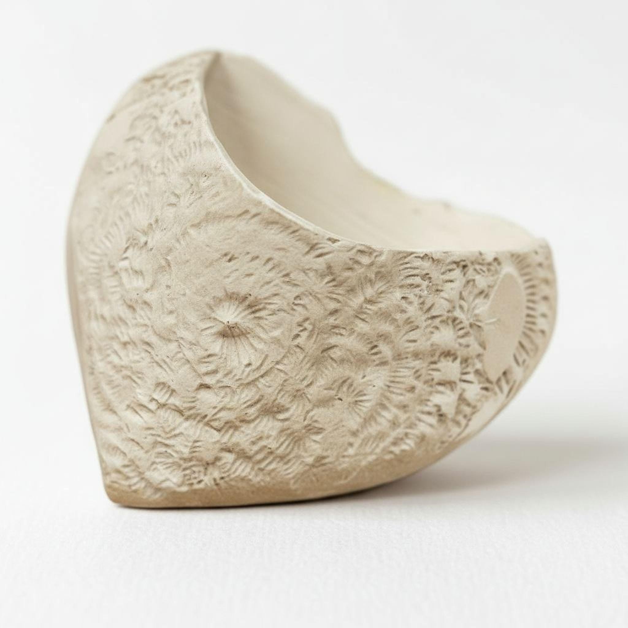 A close-up image of a light-colored, textured object with a curved shape, resembling a piece of pottery or a ceramic item.