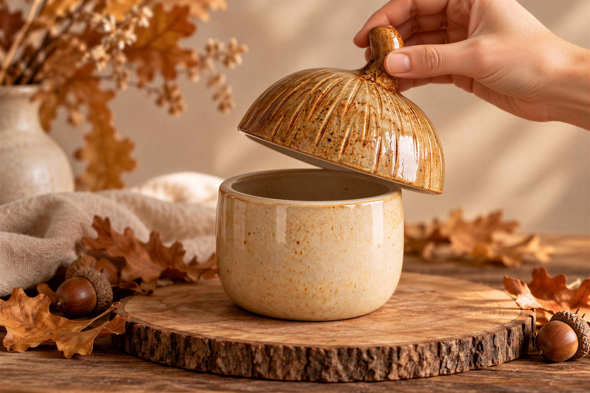 A hand is opening a ceramic container with a lid, revealing a small bowl inside. The scene is set against a backdrop of autumn leaves and a wooden surface.