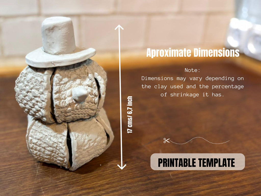 a close-up of a small, white figurine or sculpture on a wooden surface, with dimensions and a note about the clay used and the percentage of shrinkage.