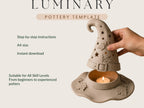 a hand holding a ceramic pottery piece, which appears to be a hat-shaped container with a lit candle inside. The pottery piece has a star-shaped design and is described as a "pottery template" that can be used for creating similar items.