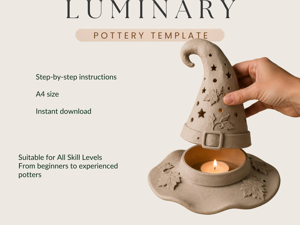 a hand holding a ceramic pottery piece, which appears to be a hat-shaped container with a lit candle inside. The pottery piece has a star-shaped design and is described as a "pottery template" that can be used for creating similar items.