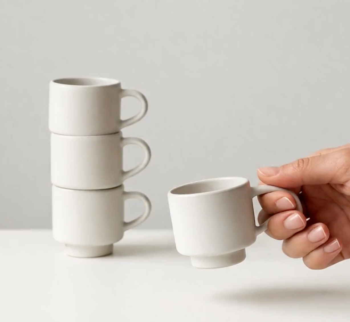 A hand is holding a small white coffee cup in front of a stack of three identical white coffee cups.
