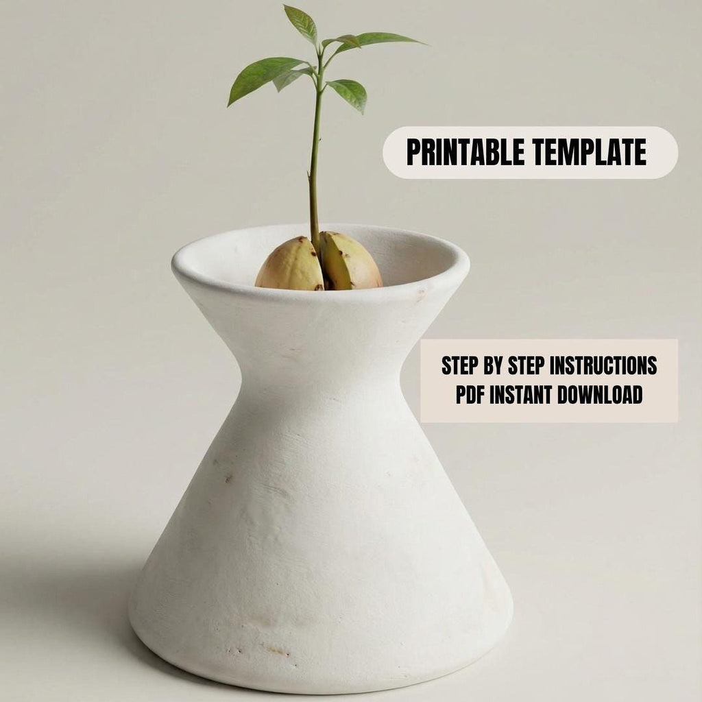 A small potted plant with a sprouting seedling is displayed in a white ceramic vase, accompanied by a "PRINTABLE TEMPLATE" label and instructions for a step-by-step process of creating a similar plant.