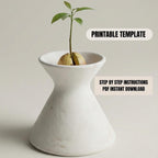A small potted plant with a sprouting seedling is displayed in a white ceramic vase, accompanied by a "PRINTABLE TEMPLATE" label and instructions for a step-by-step process of creating a similar plant.