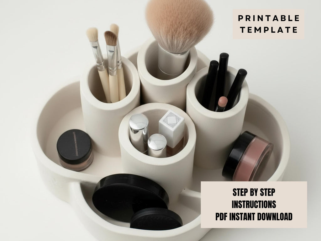 A white makeup organizer with various makeup brushes and containers, including a makeup brush, powder, and other cosmetic items.