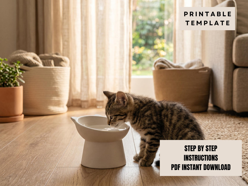 A tabby kitten drinking from a white bowl on a wooden floor, with a potted plant and a basket nearby.