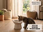 A tabby kitten drinking from a white bowl on a wooden floor, with a potted plant and a basket nearby.