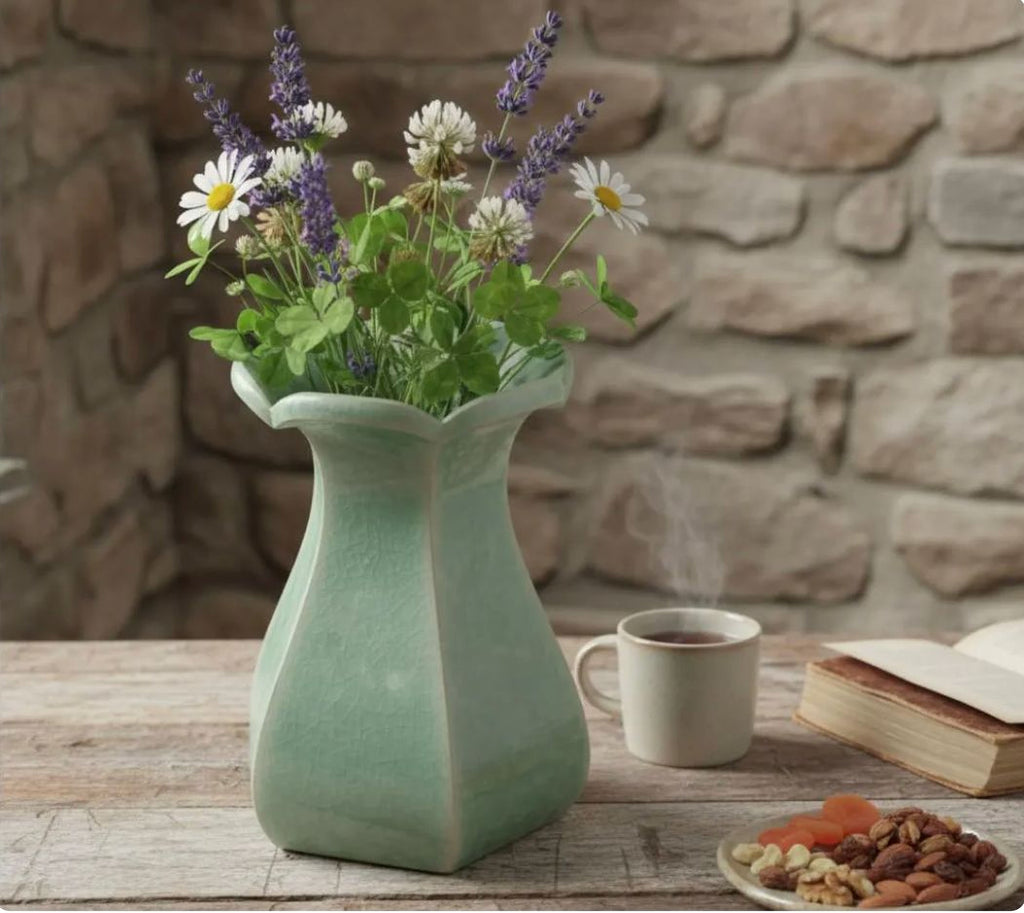 A green ceramic vase filled with purple and white flowers sits on a wooden table, accompanied by a cup of coffee, a plate of nuts, and an open book.