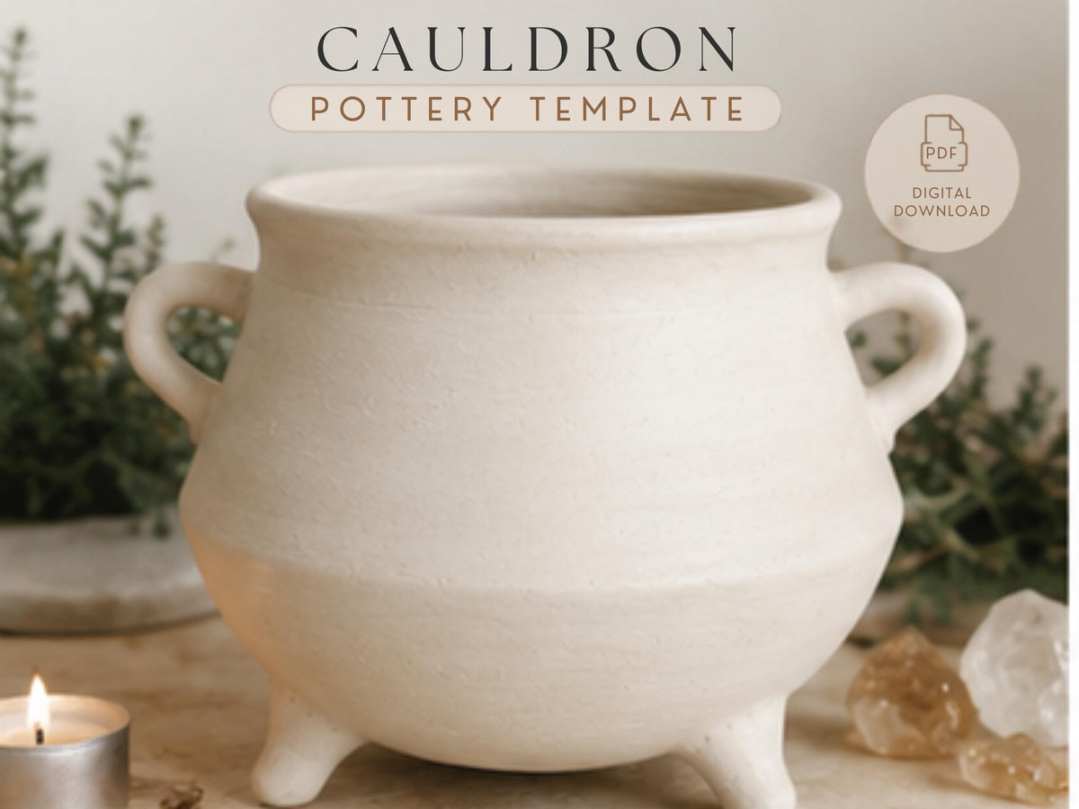 a white ceramic pot with a handle, placed on a surface with a lit candle and some crystals. The pot appears to be a pottery template, suggesting it is a design or pattern for creating a similar piece.