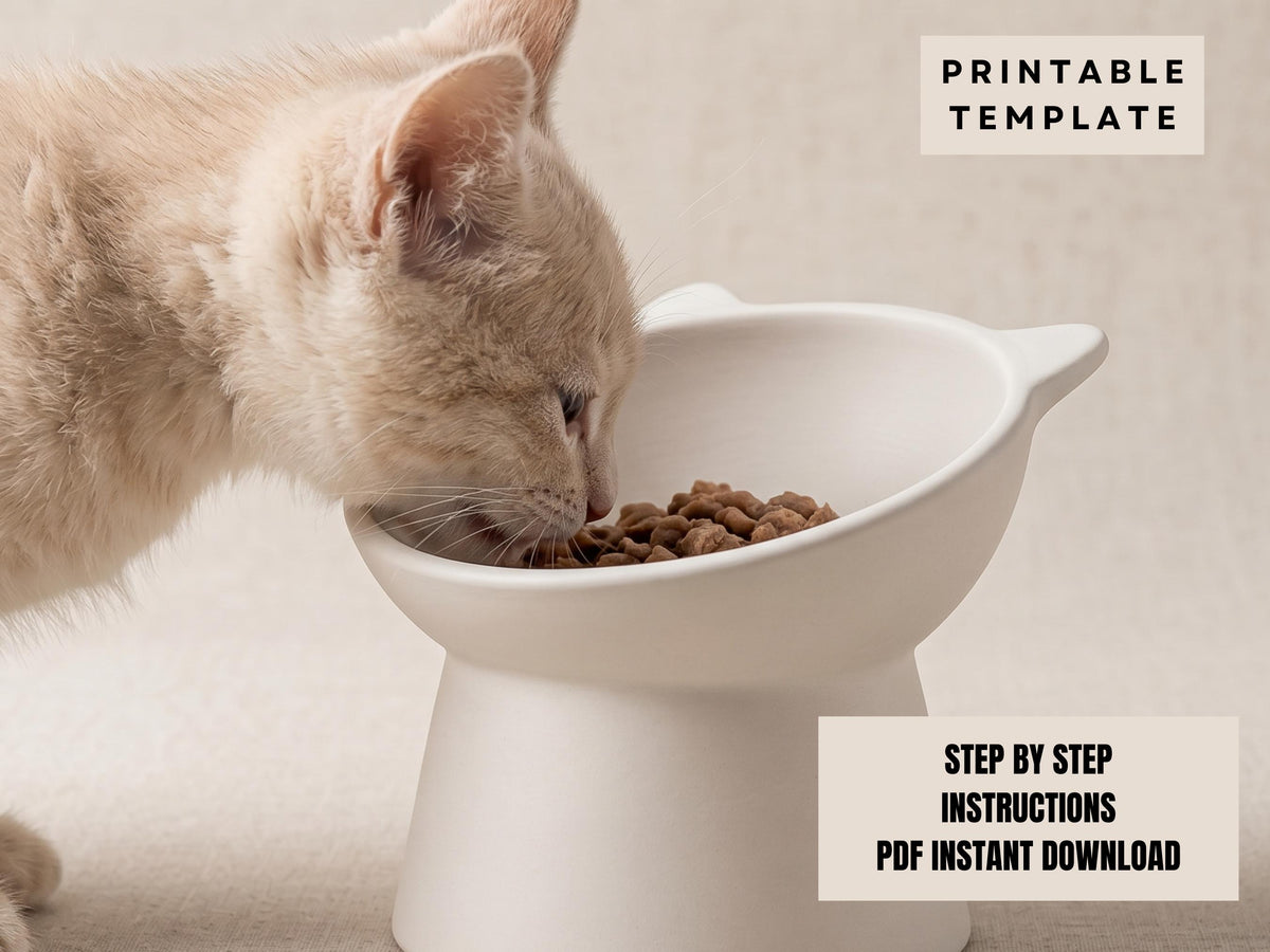 A light-colored cat is eating food from a white bowl, with a step-by-step instructions box below the image.