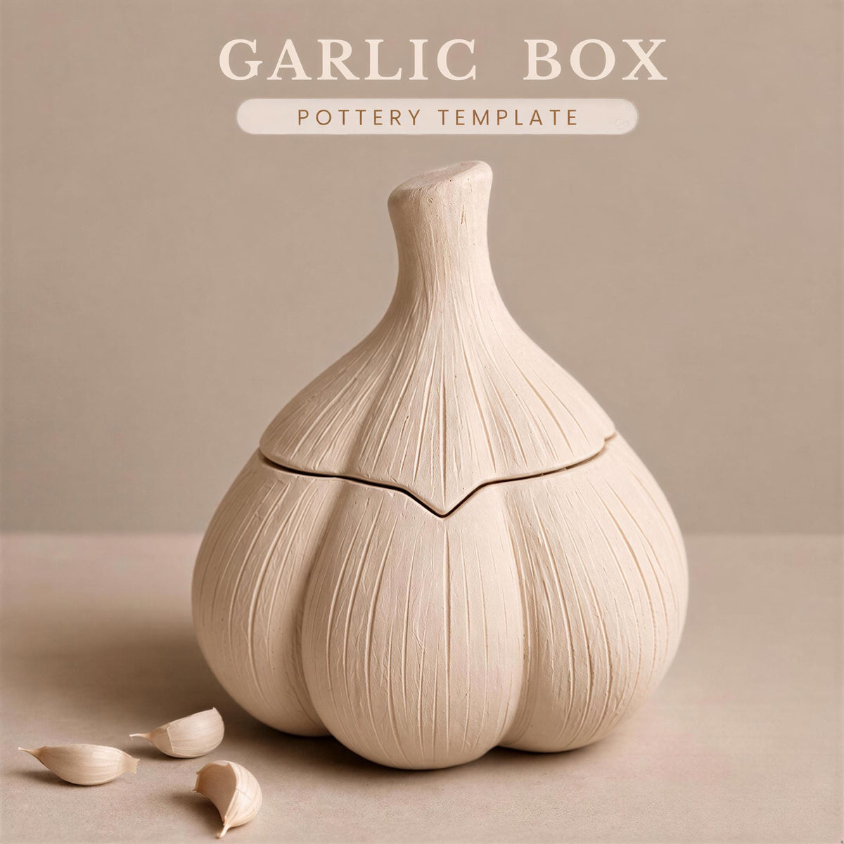 A ceramic garlic bulb-shaped container with a lid, sitting on a surface with some garlic cloves around it.