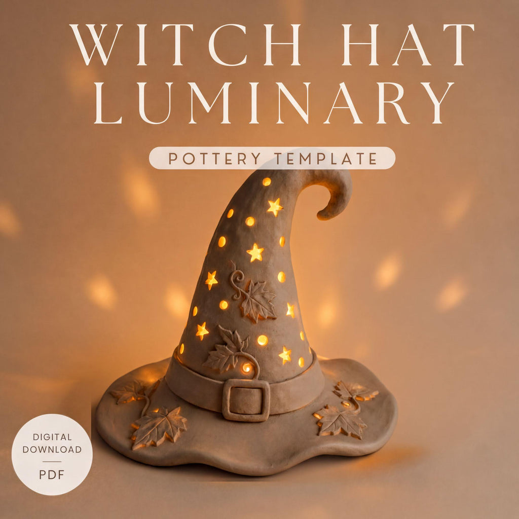 a witch hat with a glowing star design on it, placed on a surface with a warm, orange-toned background.