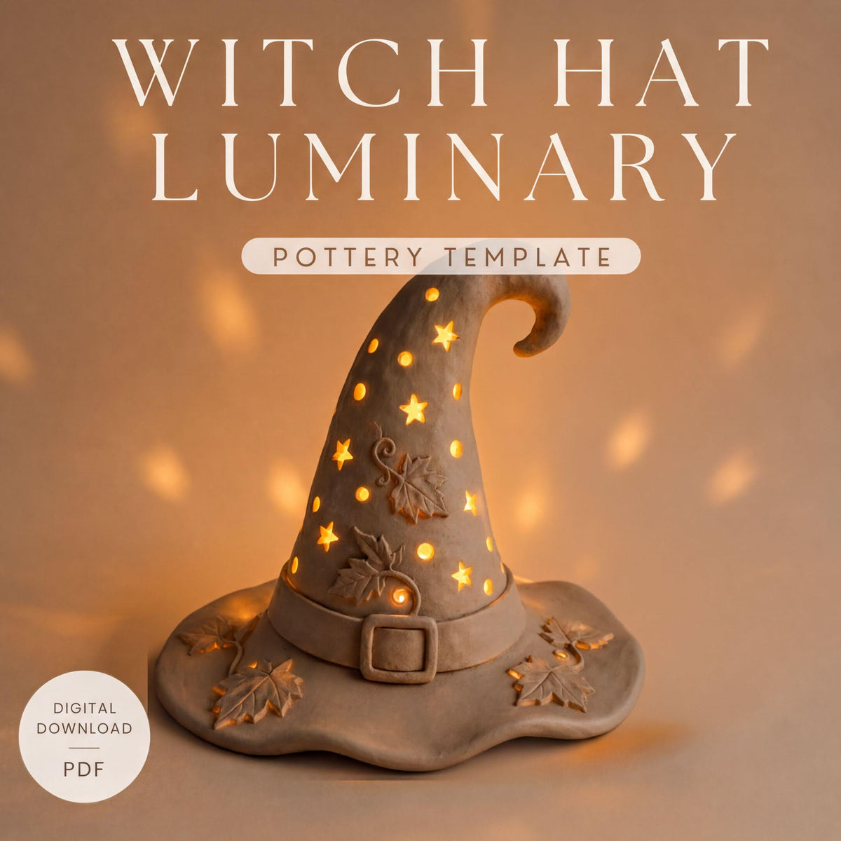 a witch hat with a glowing star design on it, placed on a surface with a warm, orange-toned background.