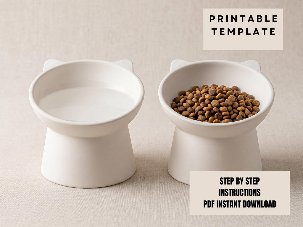 two white pet bowls, one empty and one filled with cat food, set against a neutral background.