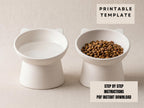 two white pet bowls, one empty and one filled with cat food, set against a neutral background.