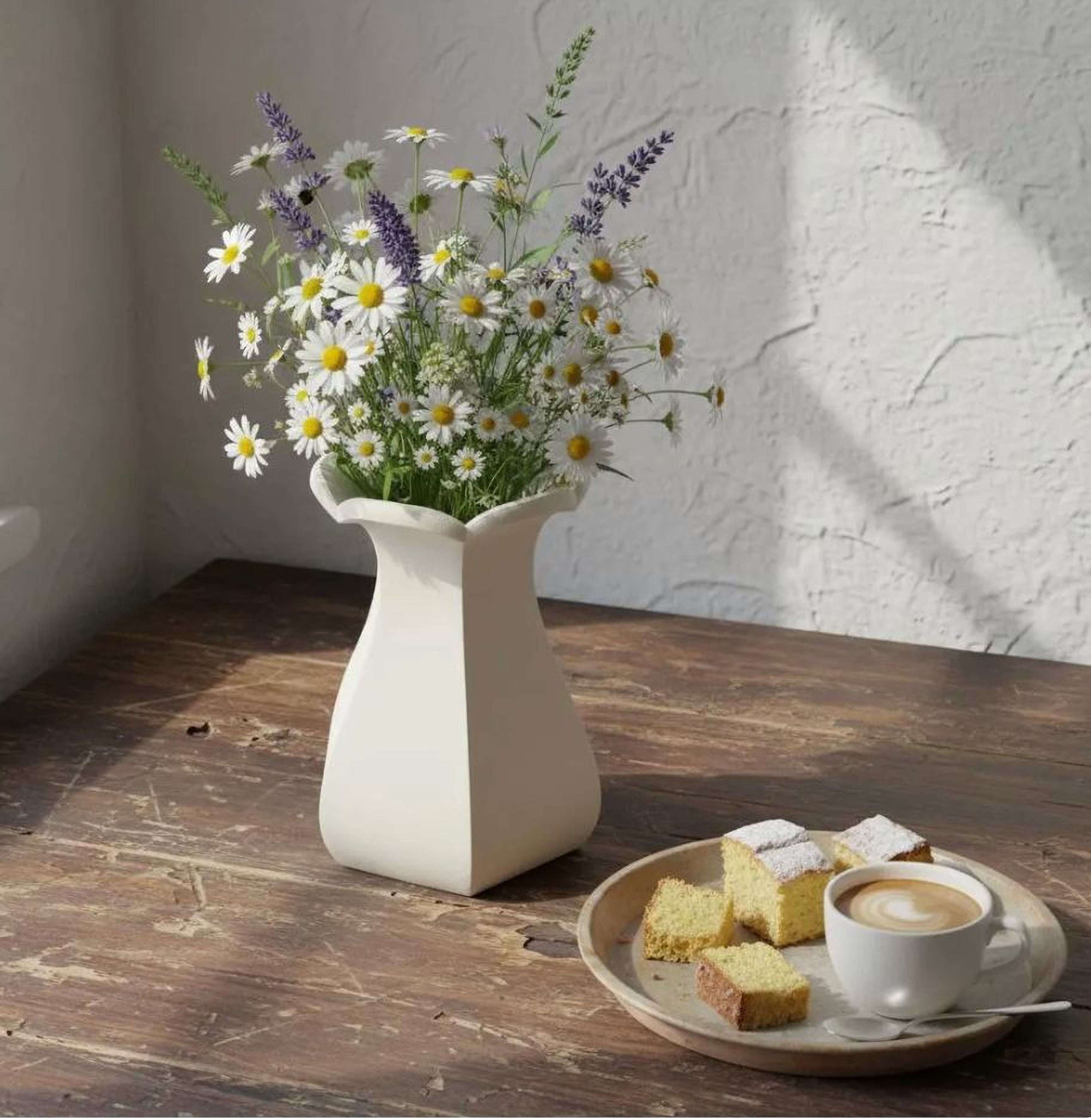 A white vase filled with a variety of flowers sits on a wooden table, accompanied by a plate of pastries and a cup of coffee.