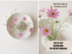 The image is a collage of two photos. The first photo shows a white plate with a white vase containing pink flowers, and the second photo shows a vase filled with pink flowers. The collage includes text that provides instructions for creating a similar floral arrangement, including a step-by-step guide and a PDF download.