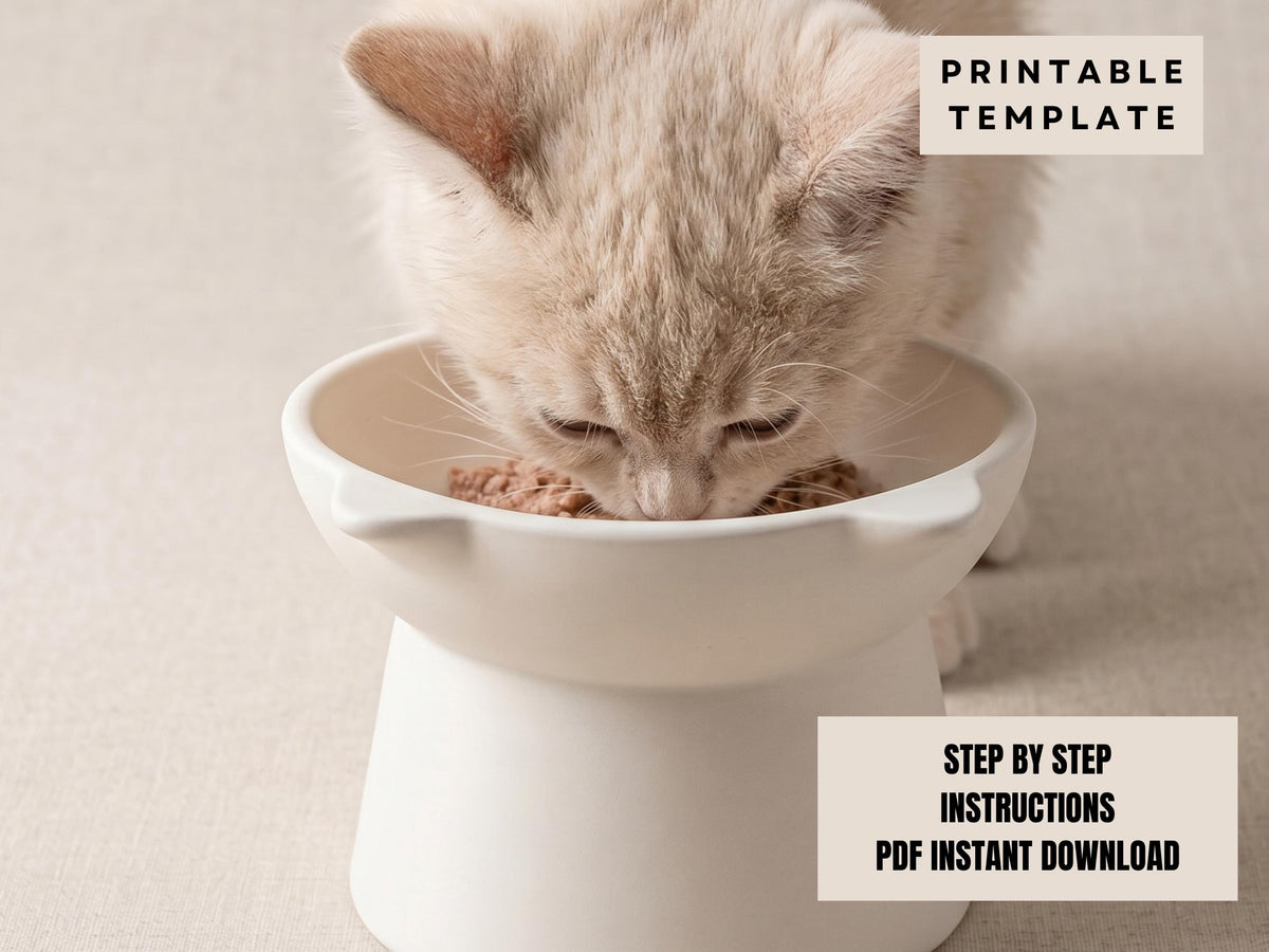 A small, light-colored kitten is eating food from a white bowl placed on a beige surface.
