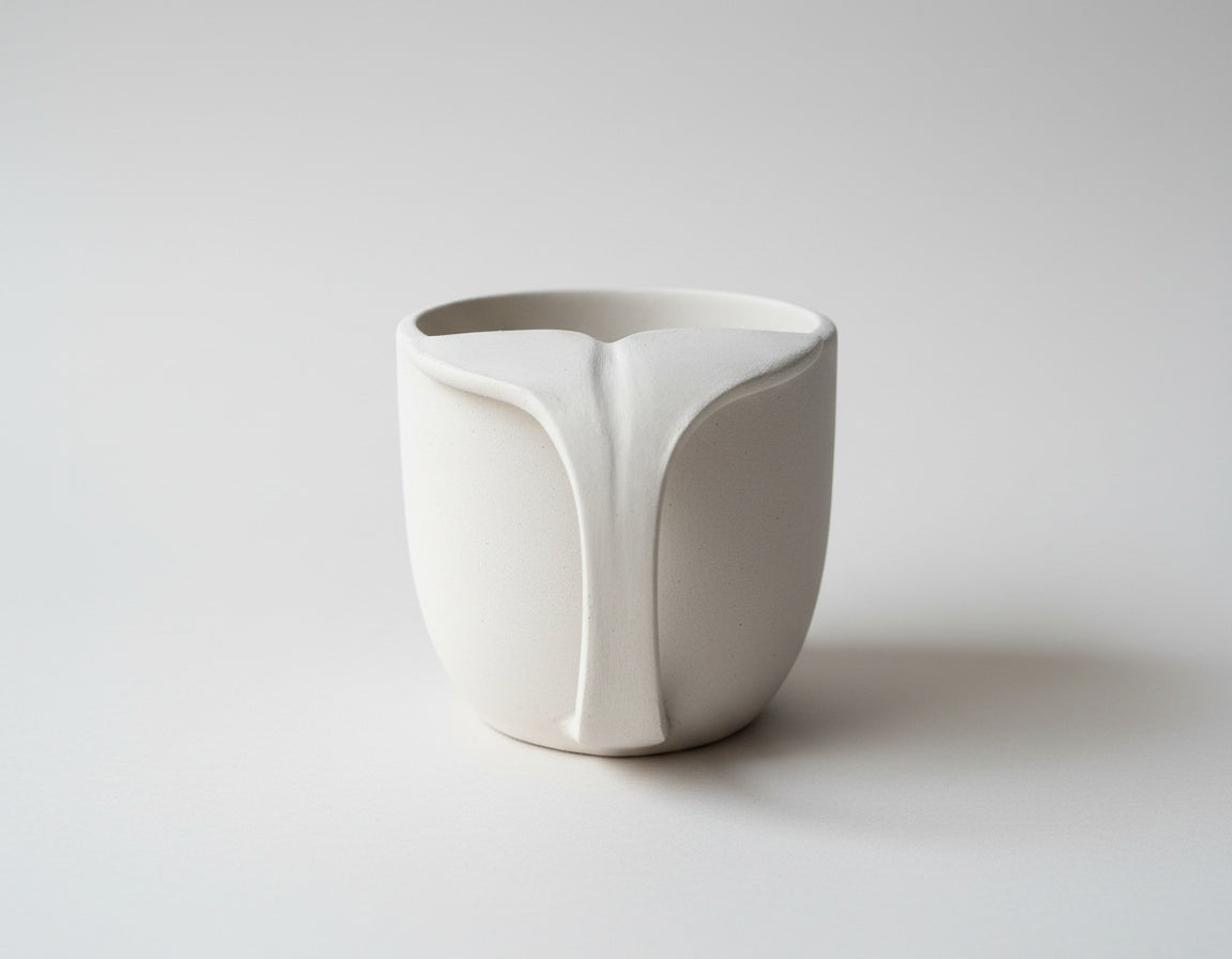 A white ceramic mug with a unique, abstract design resembling a whale's head or trunk.