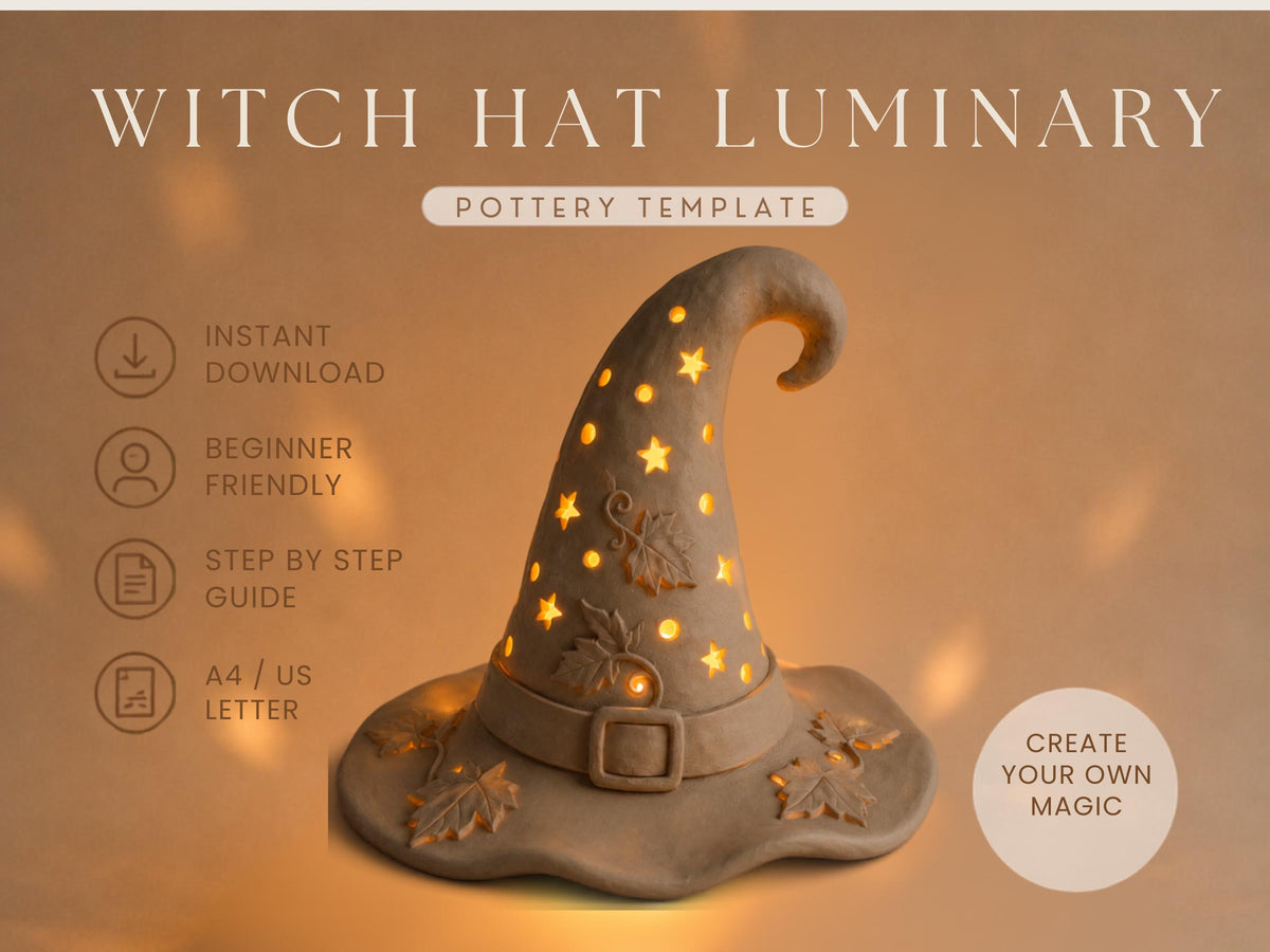 a witch hat with a glowing star design, placed on a brown background.