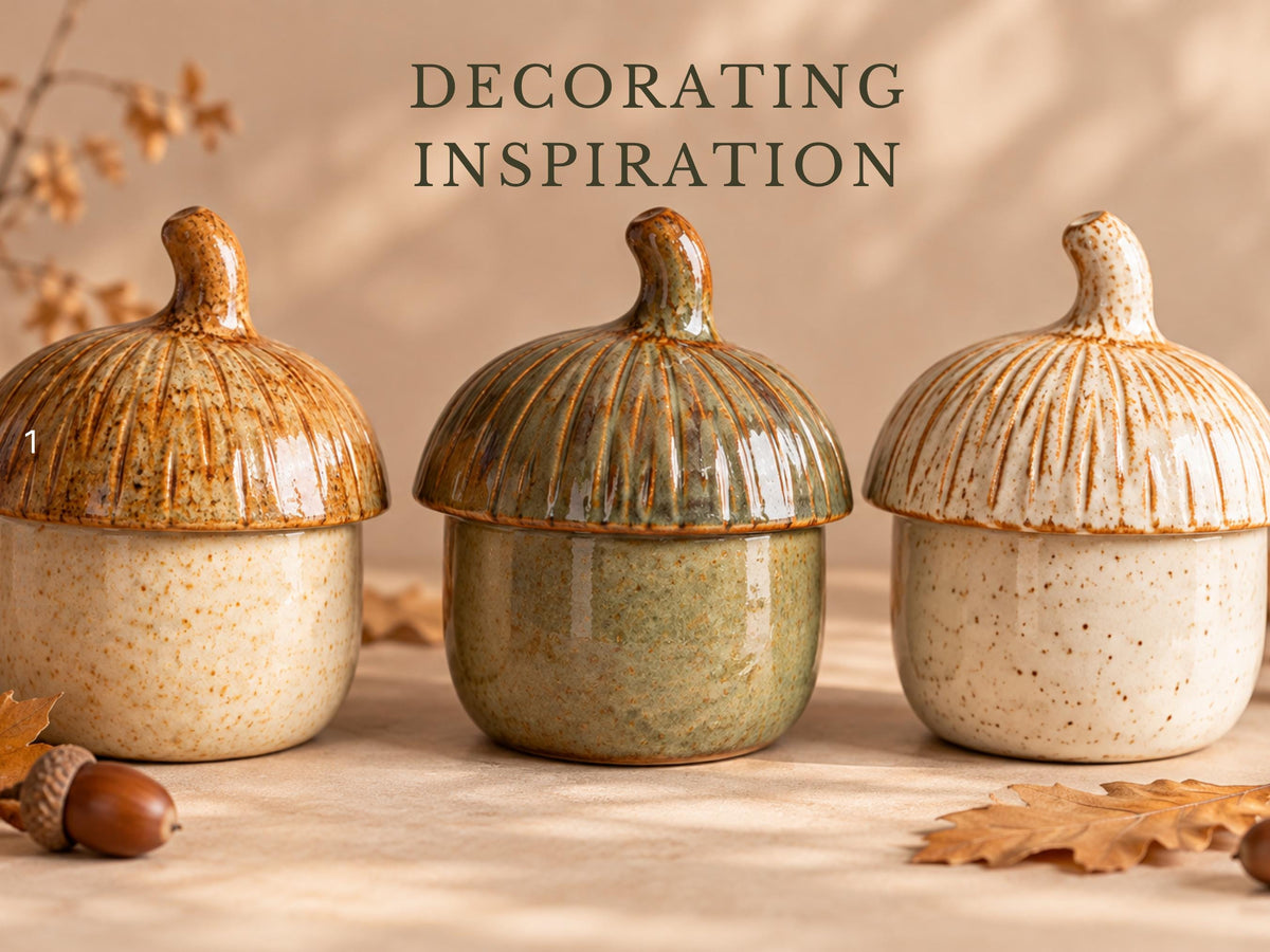 three ceramic pumpkin-shaped containers with a text overlay that reads "DECORATING INSPIRATION".