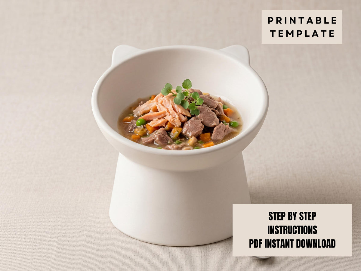 a bowl of food, possibly a soup or stew, with various ingredients such as meat, vegetables, and herbs. The bowl is placed on a white surface, and there is a text overlay that reads "PRINTABLE TEMPLATE" and "STEP BY STEP INSTRUCTIONS PDF INSTANT DOWNLOAD".