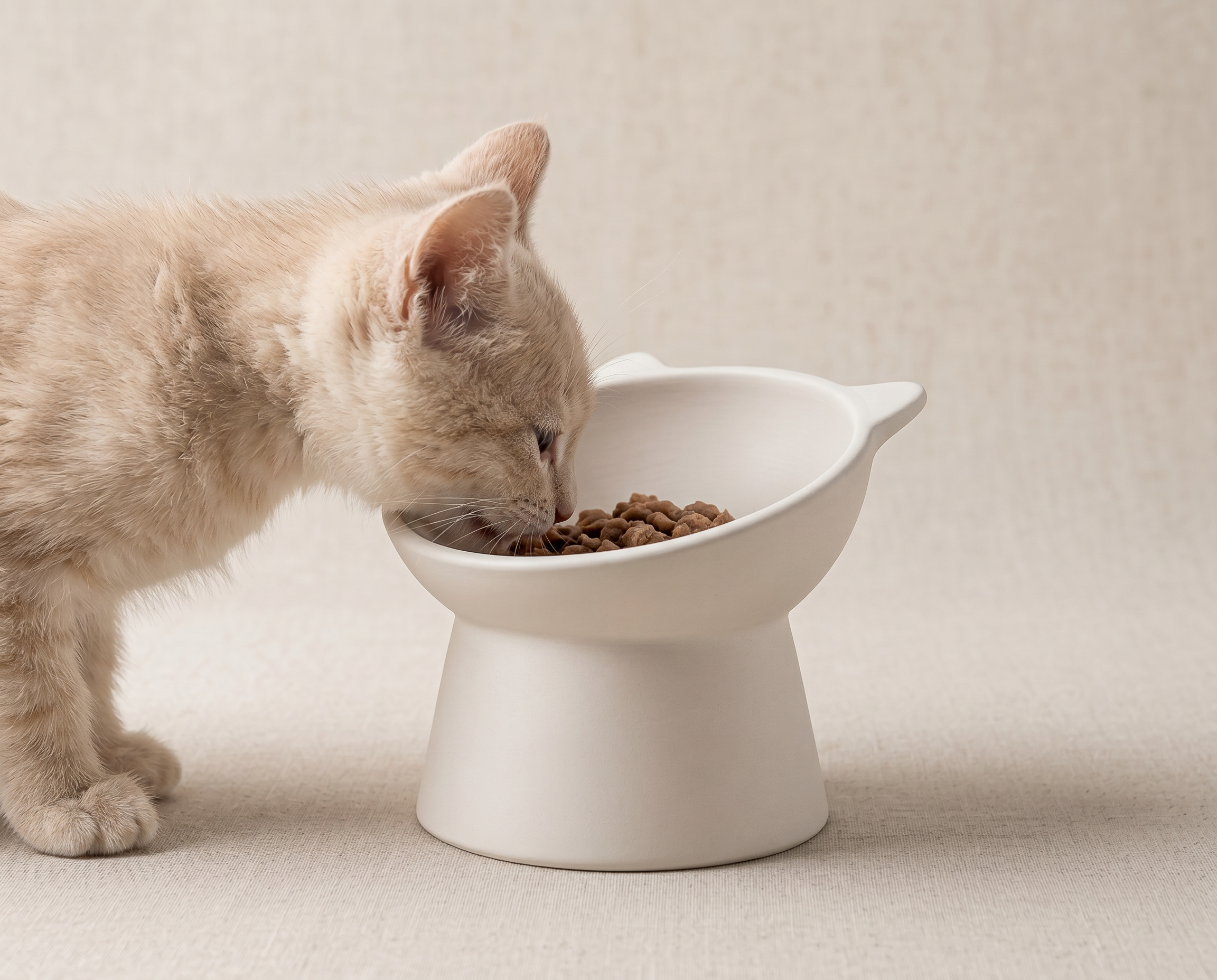 A small orange kitten is eating food from a white bowl with a cat-like design.