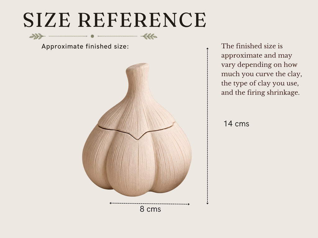 a finished ceramic object, which appears to be a small, light-colored ceramic piece resembling a garlic bulb. The object is approximately 8 cm in size.