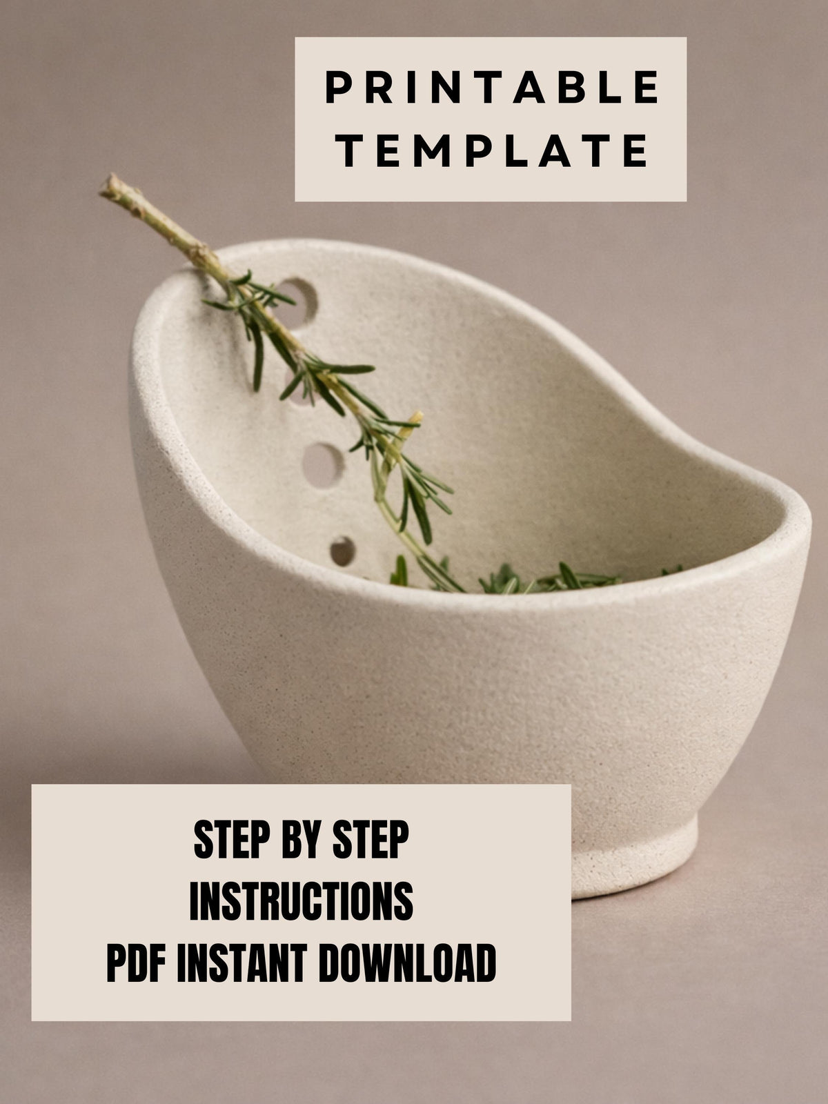 a white ceramic bowl with a sprig of green herbs inside, placed on a light-colored surface.