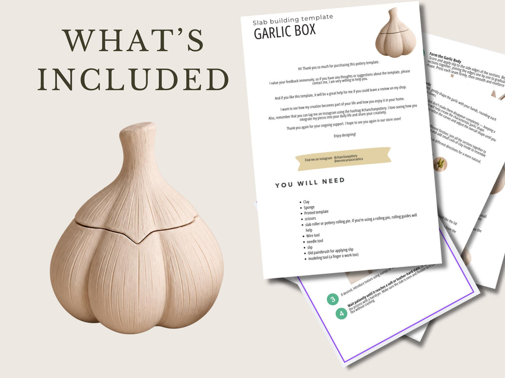 a wooden garlic bulb with a lid, along with a printed guide or template for constructing a garlic box.
