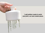 A hand is holding a white vase with water dripping from it, and there is text next to the image that says "1 PDF pattern ready to print. Just print, cut and create piece."