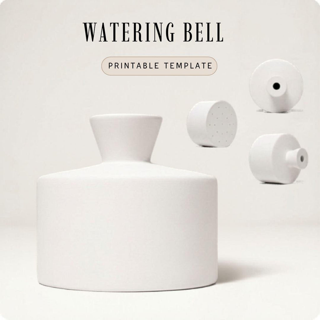 a white ceramic object, possibly a vase or a container, with a watering bell attached to it. The object appears to be a simple, minimalist design with a round shape and a small opening at the top.